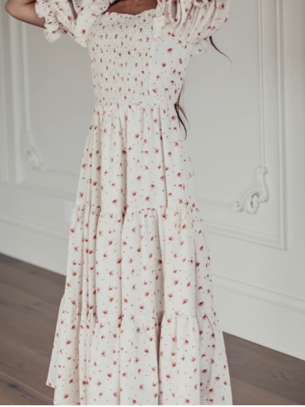 Jessakae Daydreamer Smocked Midi Dress In Cream Floral NWT Size Large